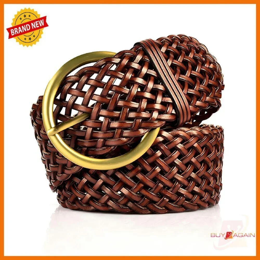 2 Inch Wide Braided Leather Belt with Gold Buckle for Women